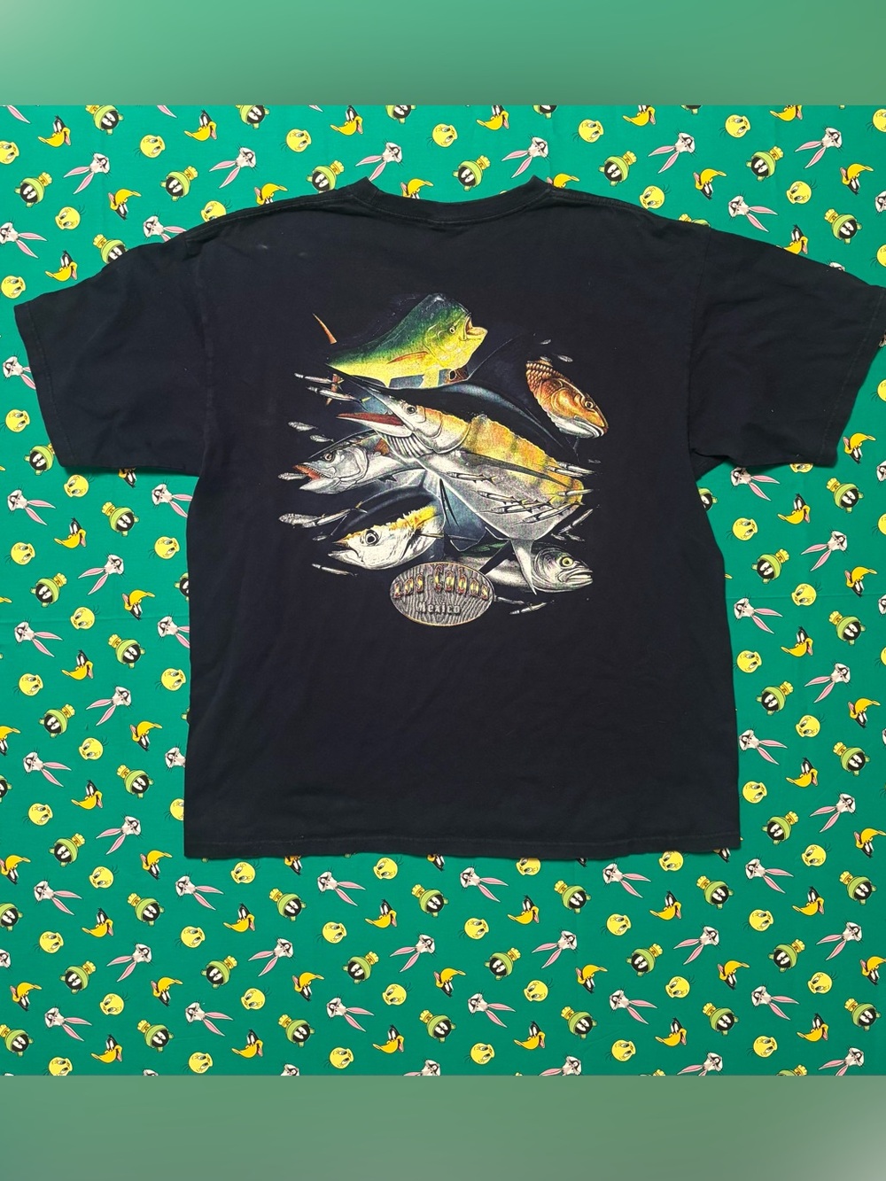 Black Fishing Graphic Tee with Multicolor Fish Print - Brand Unspecified